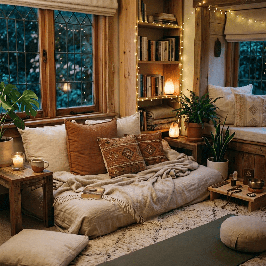 Woman sitting barefoot on a cushioned bench reading a book in a warmly decorated room with plants and soft lighting