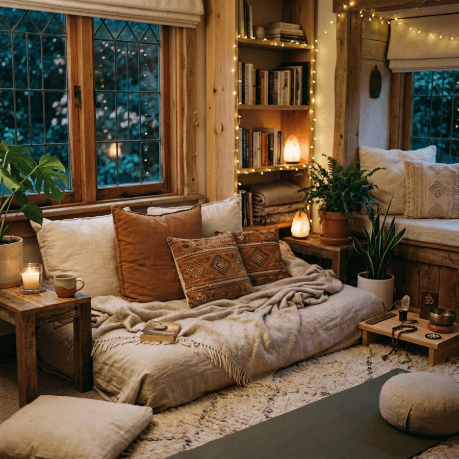 Woman sitting barefoot on a cushioned bench reading a book in a warmly decorated room with plants and soft lighting