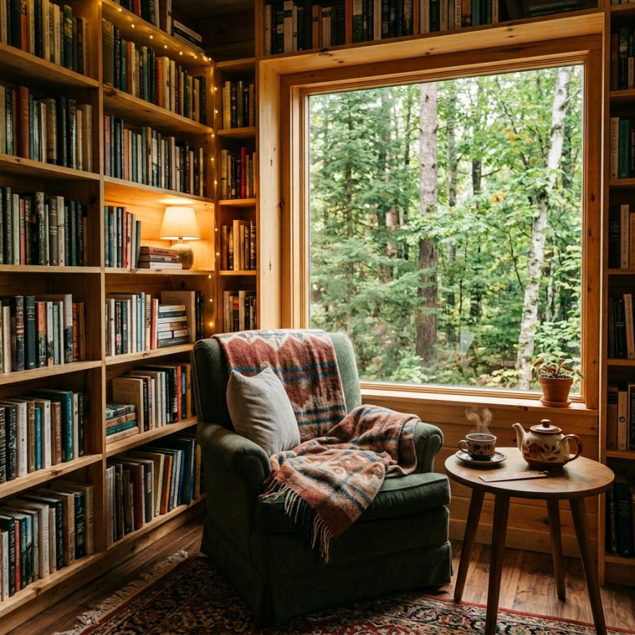 Woman reading book in armchair beside large window with forest view