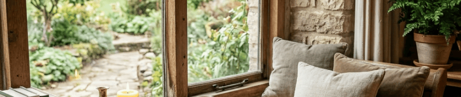 Woman wrapped in blanket reading a book by a window with garden view and candles nearby