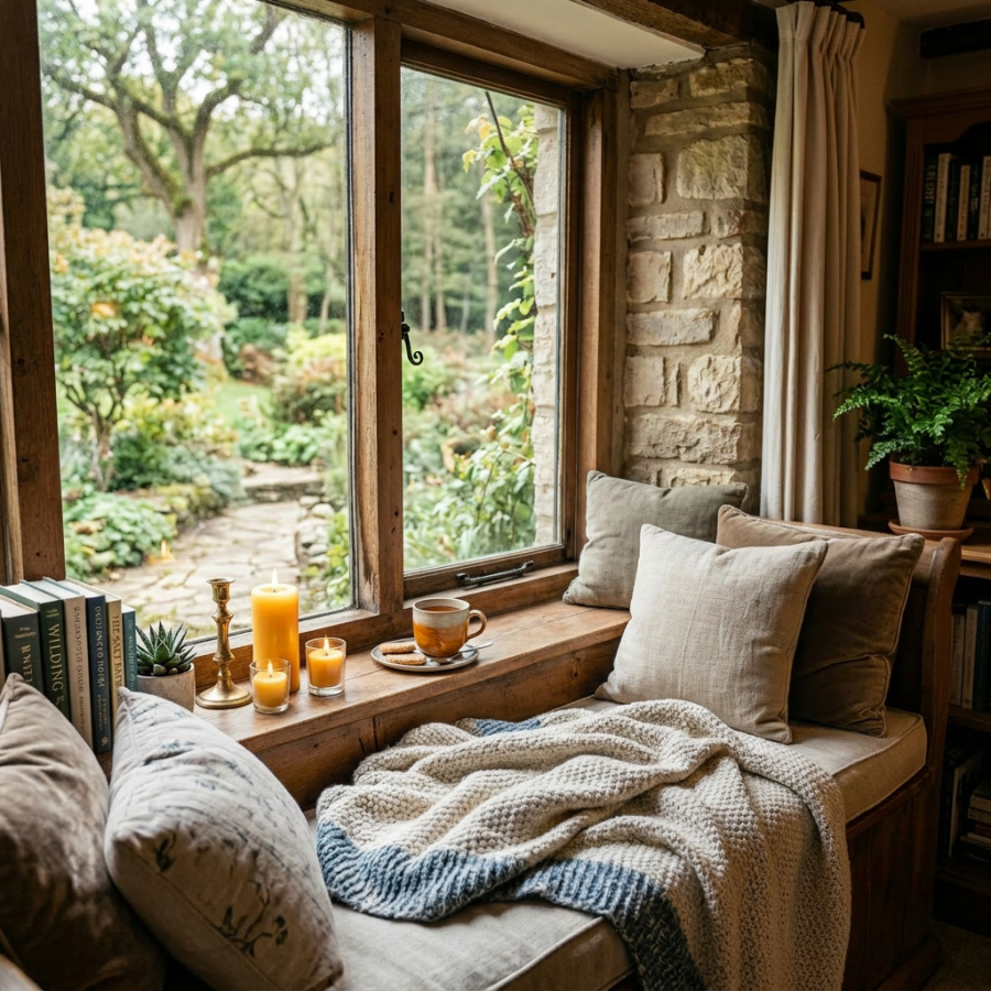 Woman wrapped in blanket reading a book by a window with garden view and candles nearby