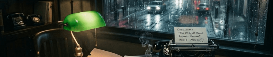 Detective at desk writing notes with typewriter and case files on rainy night