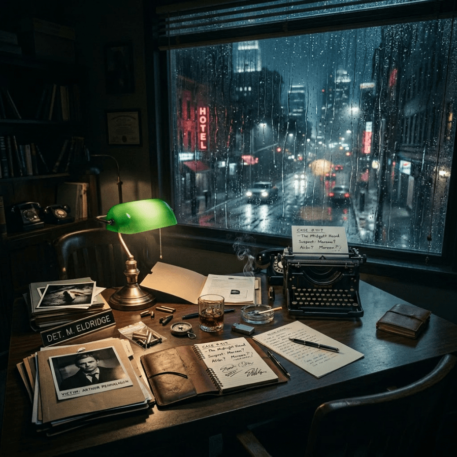 Detective at desk writing notes with typewriter and case files on rainy night
