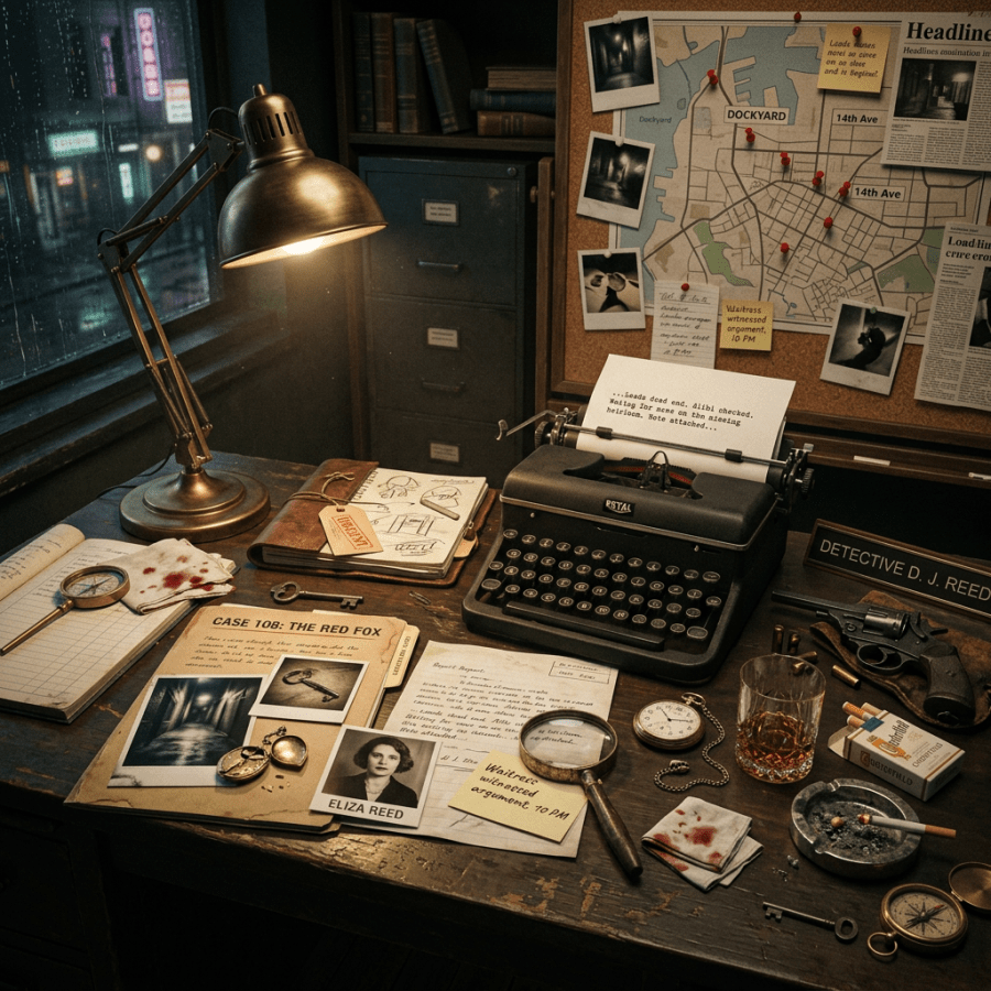 Detective's desk with case files, typewriter, magnifying glass, old photographs, and pinned map