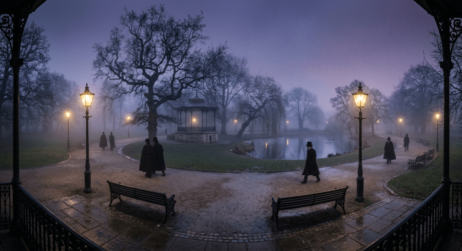 Misty park at dusk with Victorian-dressed people walking near pond and lampposts