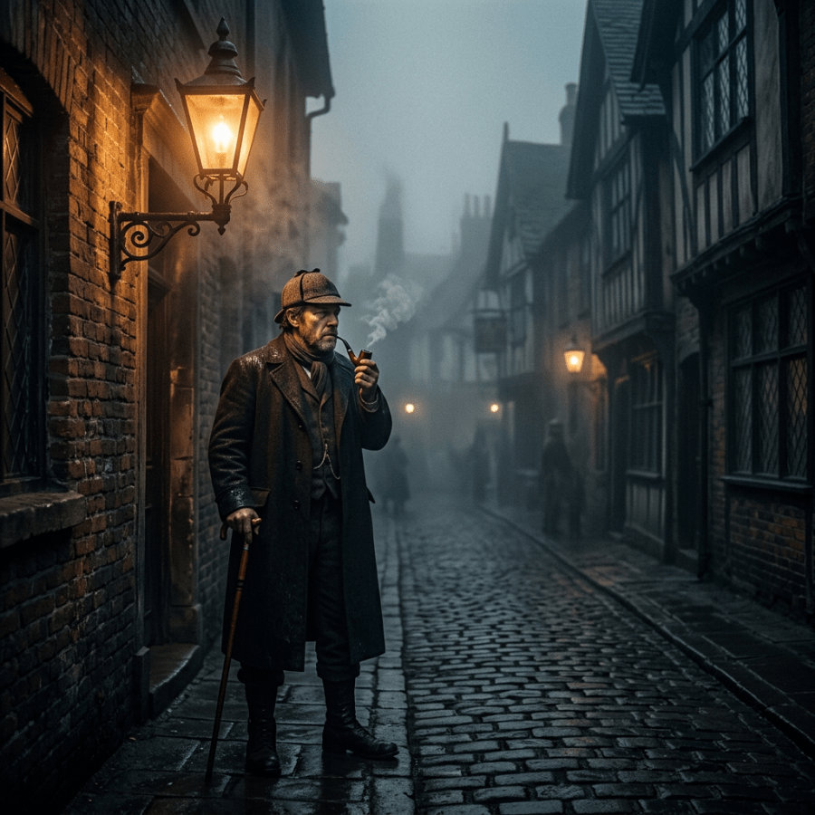 Man in Victorian attire smoking a pipe on a misty cobblestone street