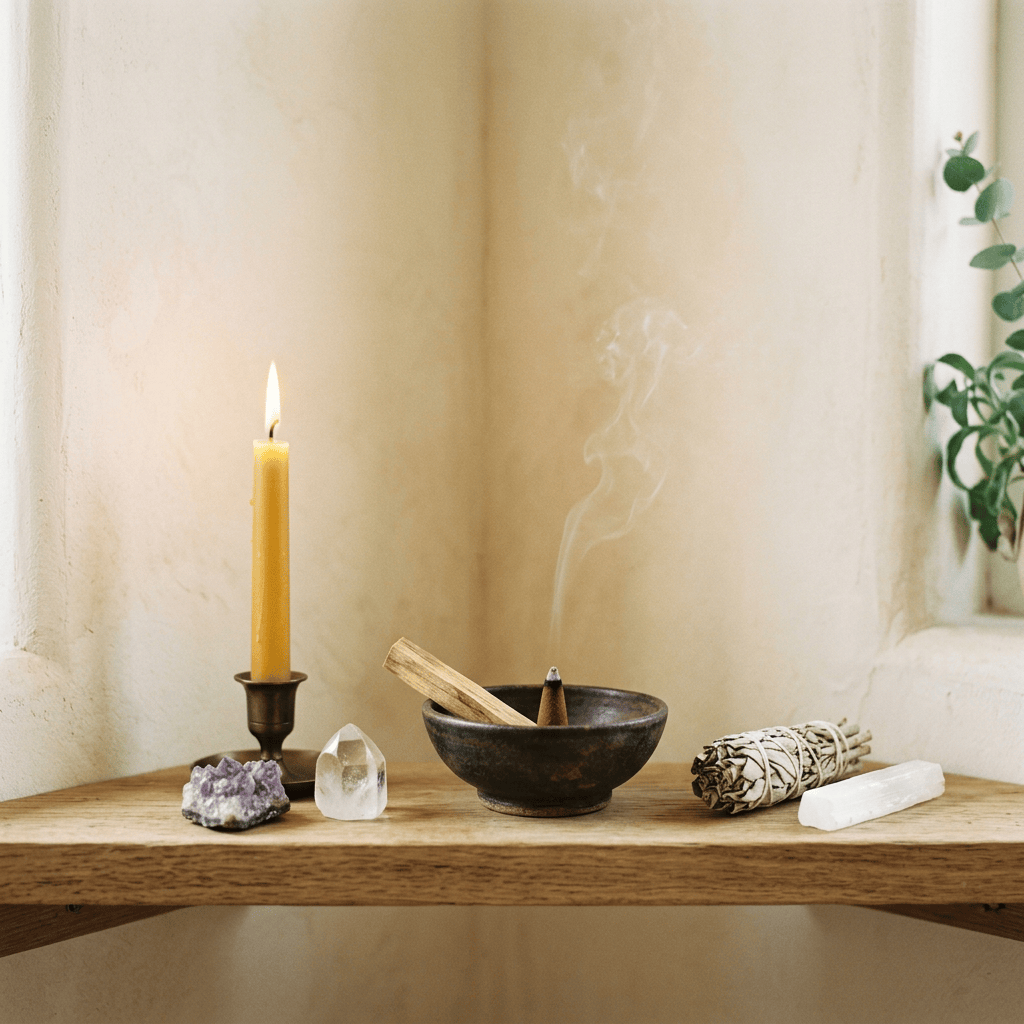 Burning candle, amethyst and clear quartz crystals, palo santo, smoldering incense cone in bowl, and sage bundle on wooden shelf