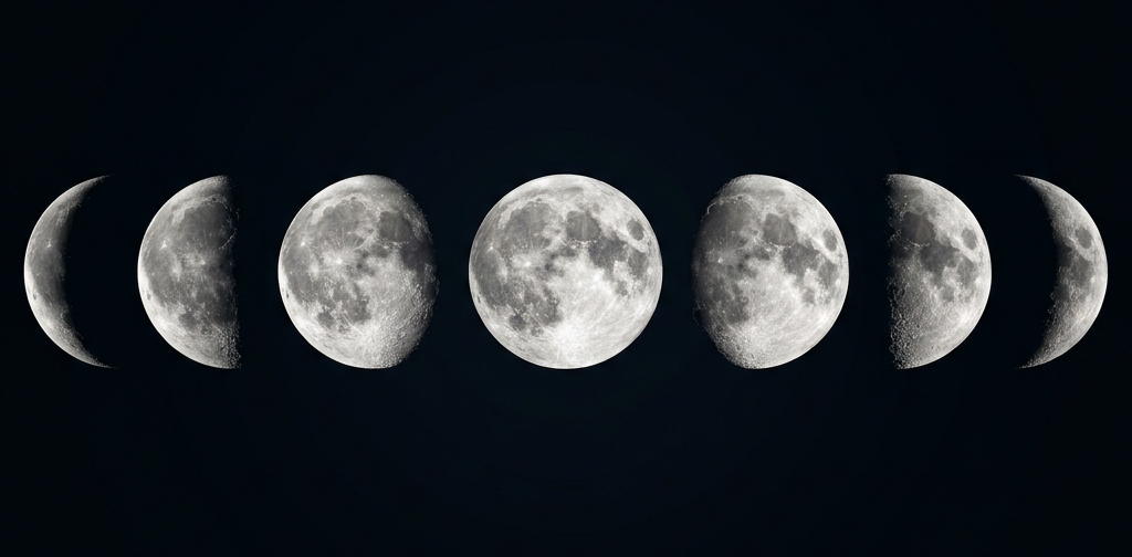 Seven phases of the Moon from waxing crescent to full moon and waning crescent in a row