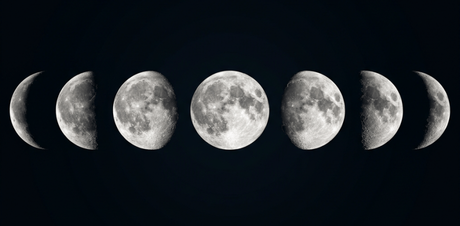 Seven phases of the Moon from waxing crescent to full moon and waning crescent in a row