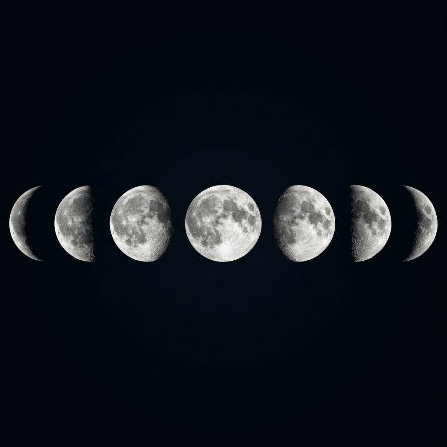 Seven phases of the Moon from waxing crescent to full moon and waning crescent in a row
