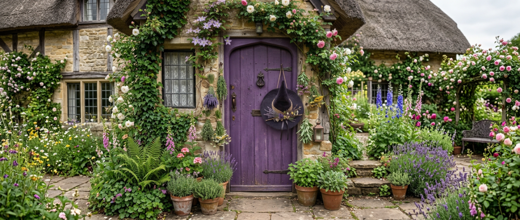Purple wooden cottage door decorated with a witch hat, hanging herbs, and surrounded by flowering plants in pots