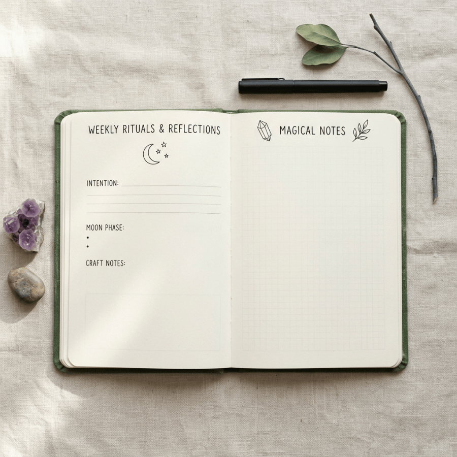 Open journal with pages titled Weekly Rituals & Reflections and Magical Notes, surrounded by crystals, a pen, and a twig
