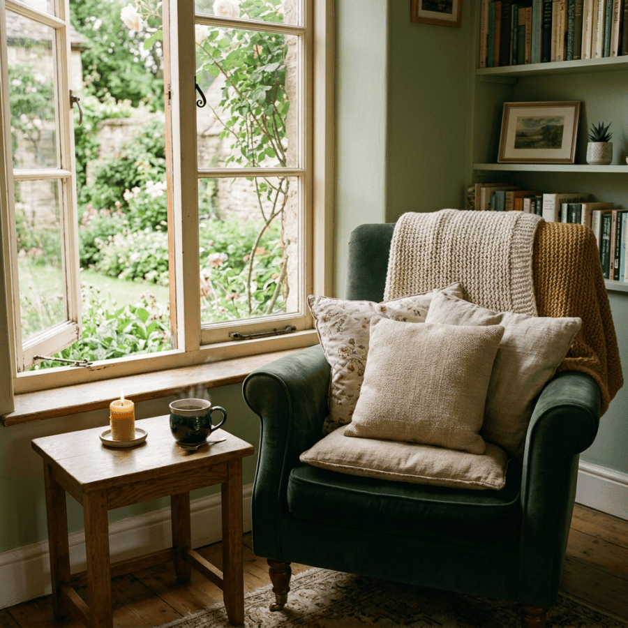 Open book on green armchair beside candle, tea, and garden window