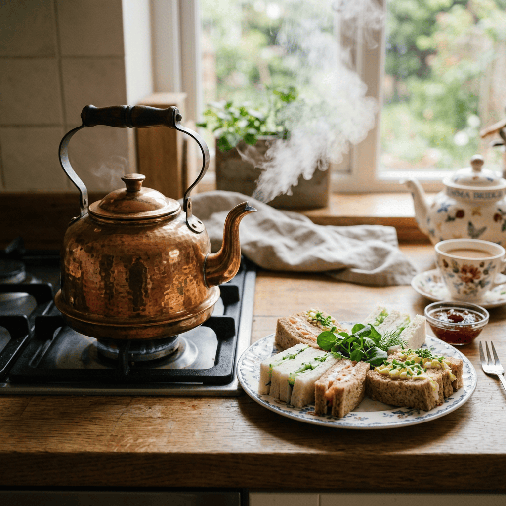 Steaming copper kettle beside tea sandwiches, teacup, and teapot