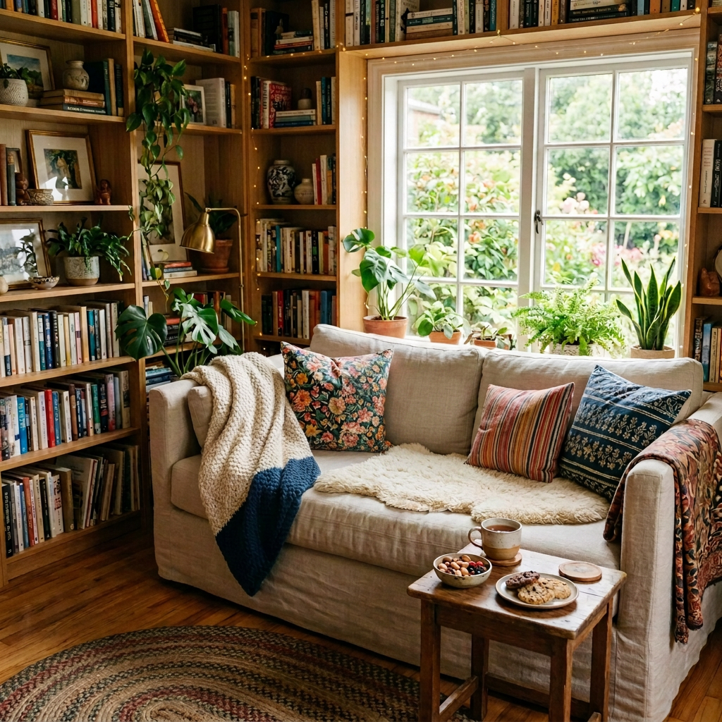 Person reading a book on a sofa beside a window