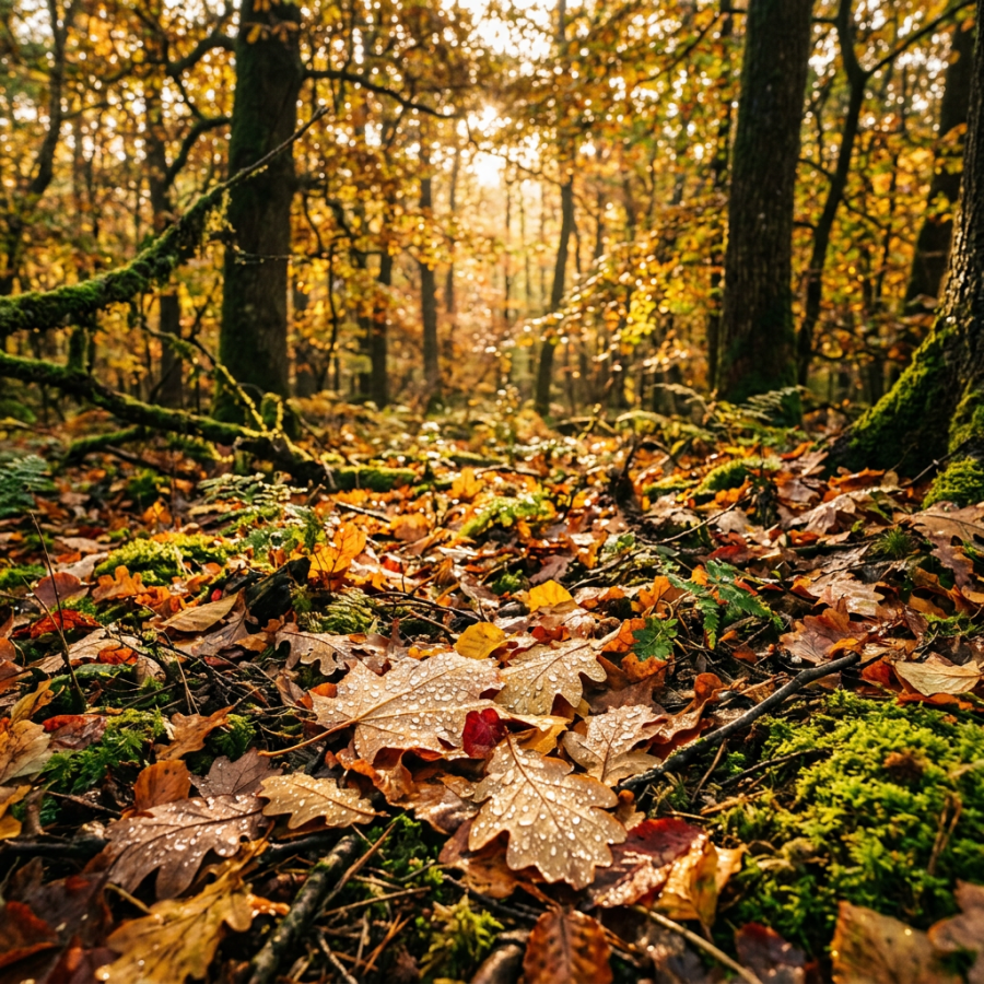 Sunlit autumn forest floor covered with wet leaves and moss