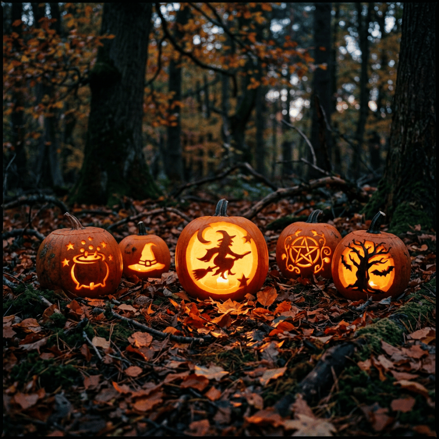 Five glowing carved pumpkins arranged on a leaf-covered forest floor