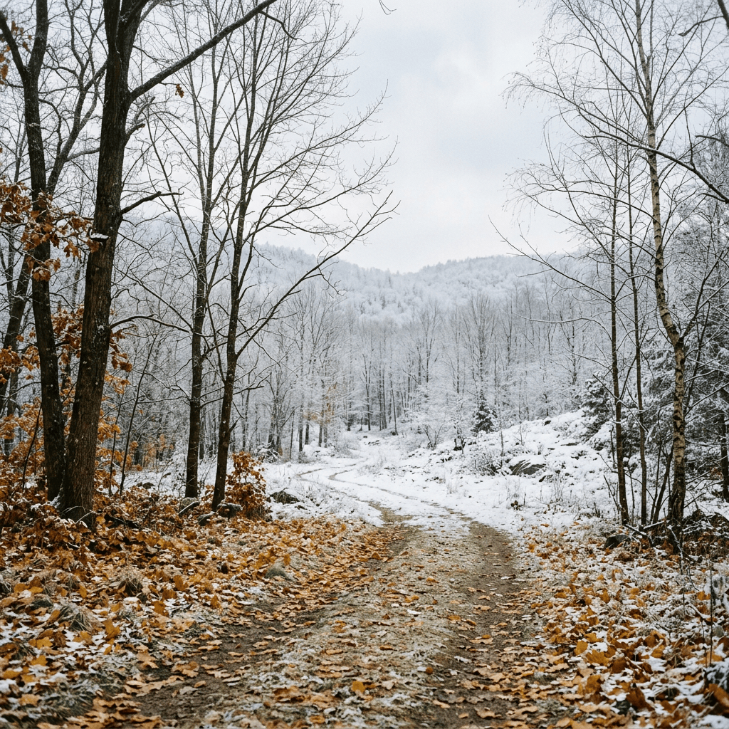 Snow-covered forest path winding through bare trees and fallen leaves