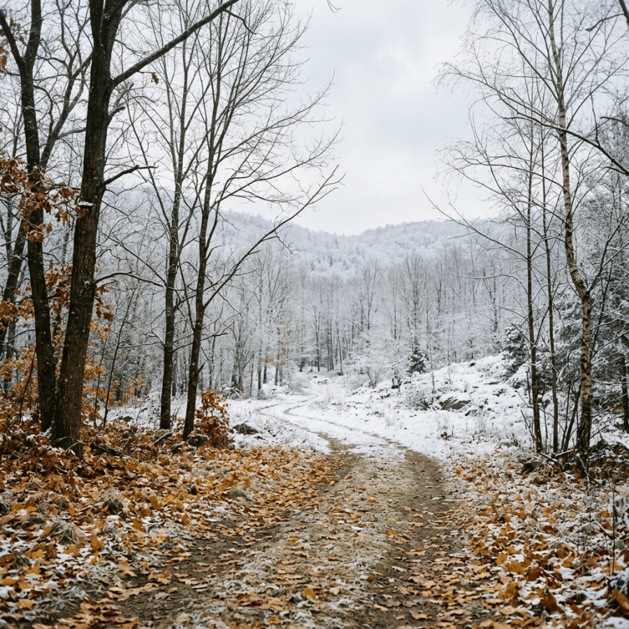 Snow-covered forest path winding through bare trees and fallen leaves