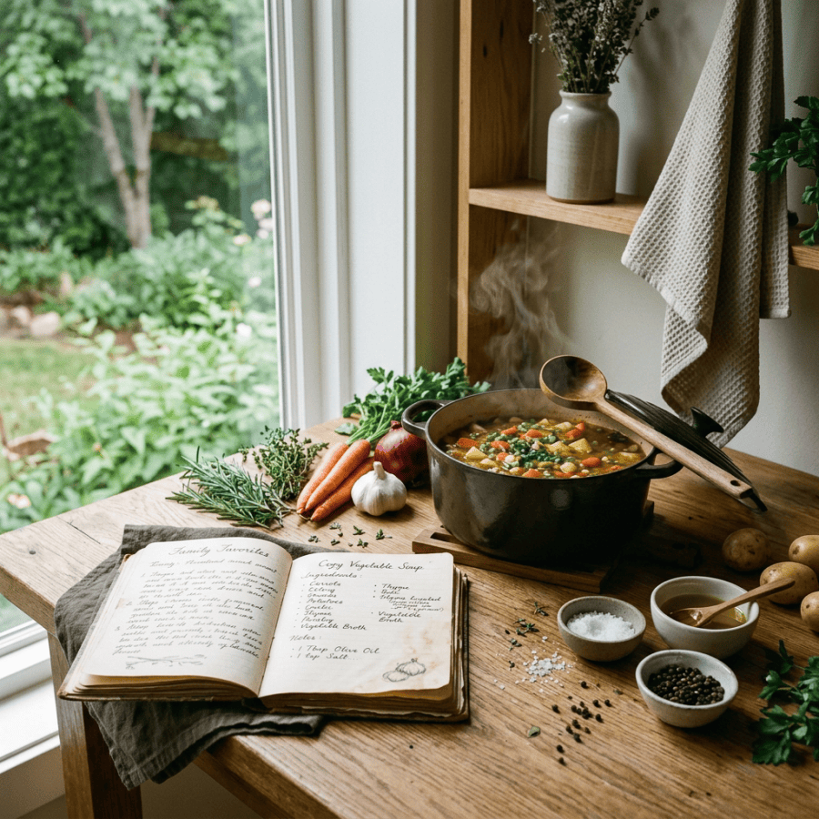 Simmering vegetable soup beside ingredients and an open handwritten recipe book