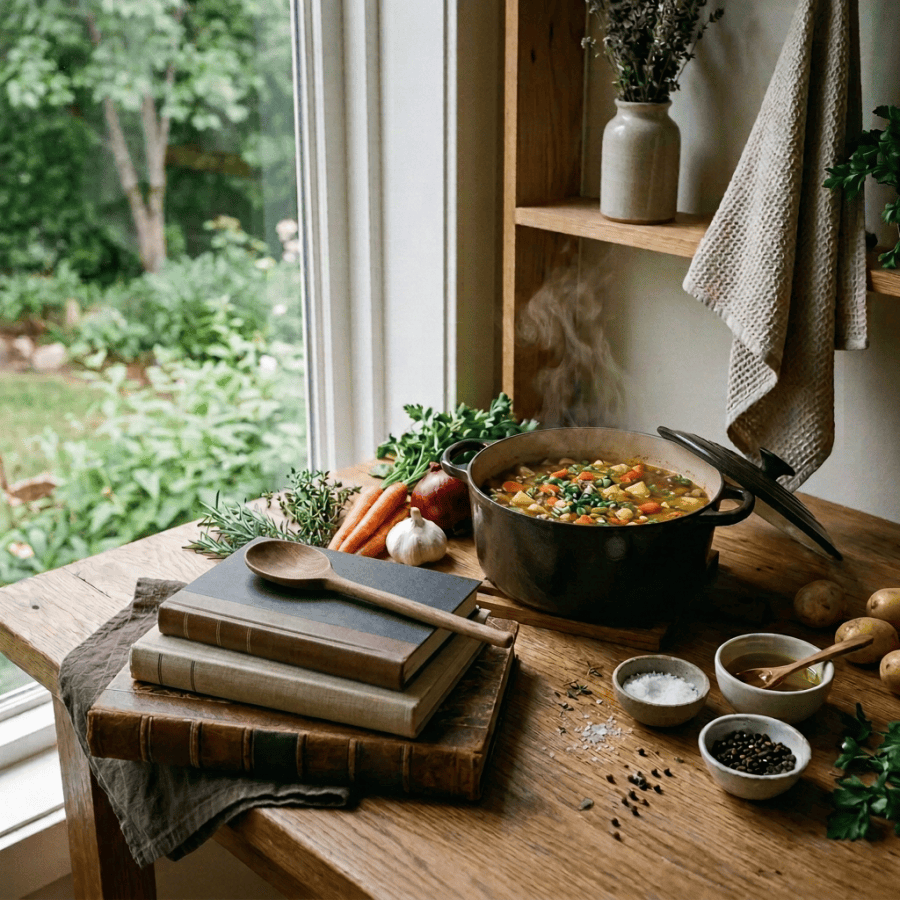 Simmering vegetable soup beside ingredients and an open handwritten recipe book