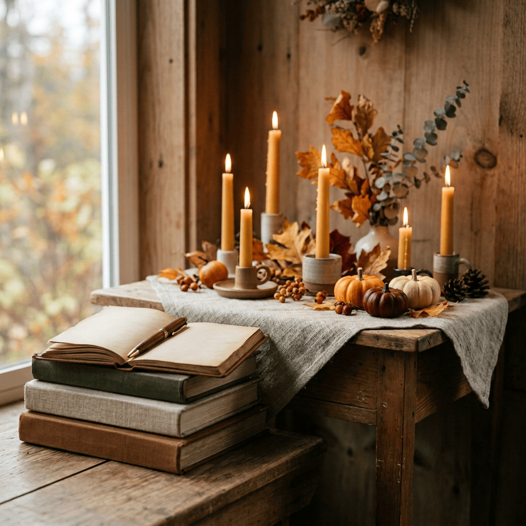 Autumn table display with candles, pumpkins, foliage, and stacked books